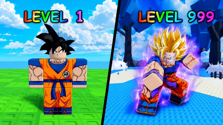 Official Defeat Anime RNG promotional artwork contrasting an early-stage fighter with a powered-up fighter to illustrate progression.